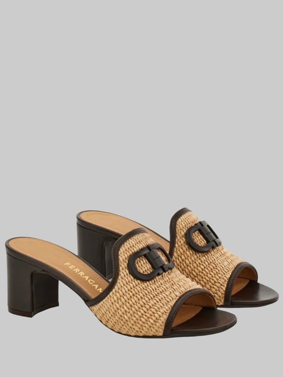 Salvatore Ferragamo Shoes - Salvatore Ferragamo Natural Raffia Slide Mules with Black Trim